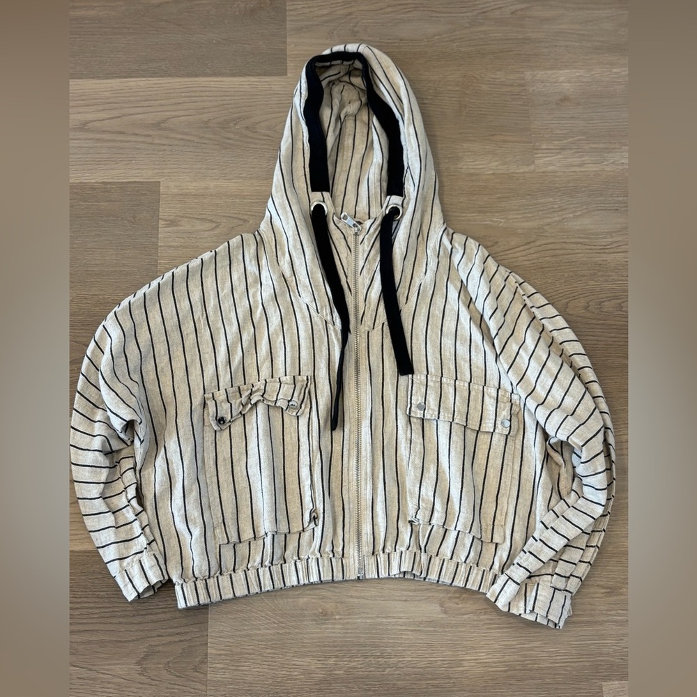 ZARA Striped Linen‎ Bomber Jacket with Hood